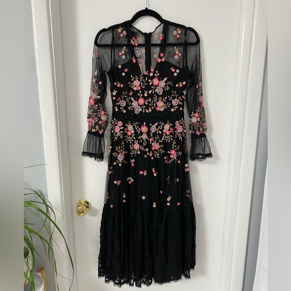 French Connection Eve midi dress with embroidery and mesh detailing in black - Picture 9 of 11